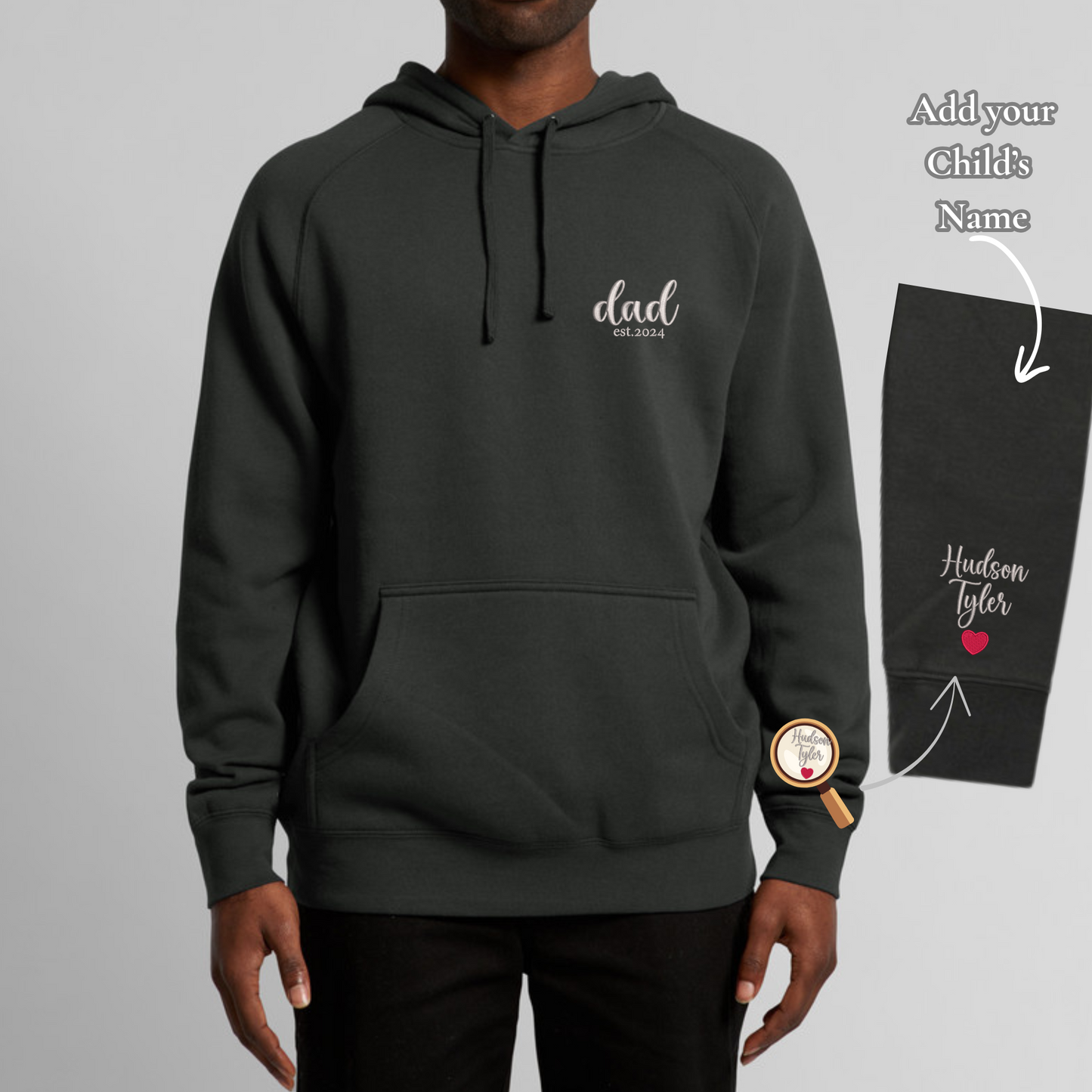 Personalised embroidered hoodie for Dad with "Dad Est. 2024" and children's names stitched on the sleeve – custom Father’s Day gift, free name additions included.