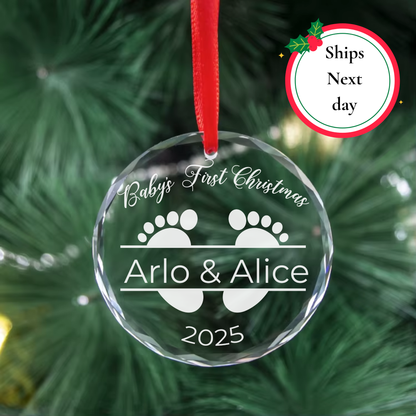 Personalised Glass Bauble for Christmas Tree, Engraved with babies name and year 